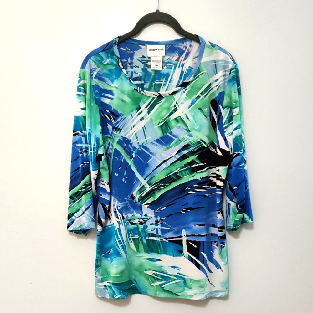 Bon Worth Blouse Top Petite M Tropical Print Hawaiian Vacation Beach Coastal